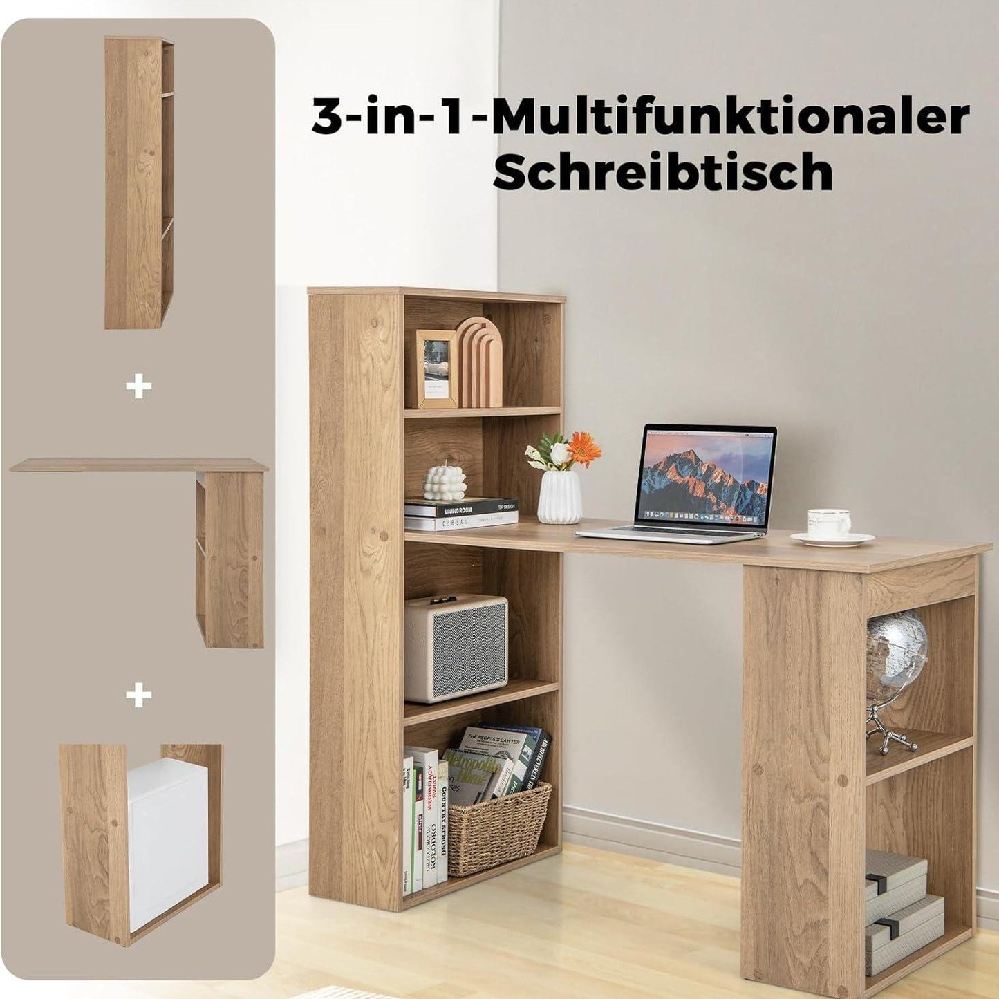Bureau – Computertafel – Werkplek – Schrijftafel – Computerbureau – Met 6 Opbergvakken – Zijplank Links of Rechts – 122x56x122 cm – MDF & Spaanplaat