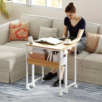 Mobiel Computerbureau – Bureau Met Wieltjes – Opvouwbaar Bureau – Werktafel – Laptoptafel – Compact Ontwerp – Houten Blad Met Metaalframe – Inclusief 2 Planken En Opbergruimte