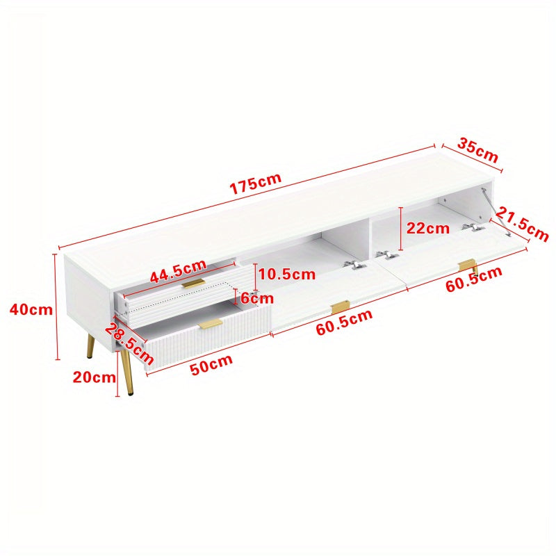 TV Meubel – Woonkamer Kast – Opbergkast – Dressoir – MDF Constructie – Kabeldoorvoer – Wit Met Gouden Accenten – 175 cm Breed