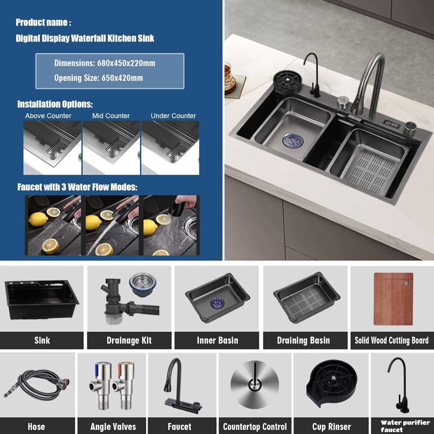 Keukenspoelbak – Spoelbakken Keuken – Wasbak Keuken – Gootsteen Keuken – Enkele Spoelbak – Zwart RVS – 68x45 cm – Inclusief Afdruiprek en Watervalkraan