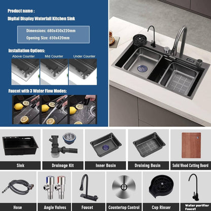 Keukenspoelbak – Spoelbakken Keuken – Wasbak Keuken – Gootsteen Keuken – Enkele Spoelbak – Zwart RVS – 68x45 cm – Inclusief Afdruiprek en Watervalkraan