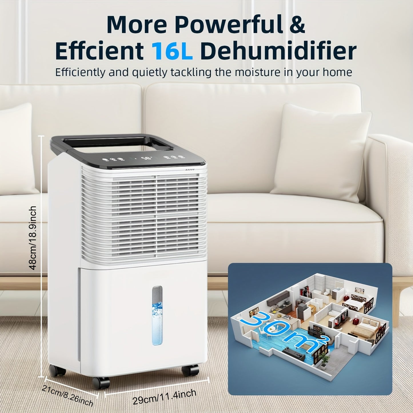 Ontvochtiger – Luchtontvochtiger – Vochtvreter – Vochtcontroller – Vochtabsorbeerder – 16L/Dag Capaciteit – Stil & Intelligent Vochtregeling – Slaapstand 30dB – Voor Ruimtes Tot 120m² – Compact Design