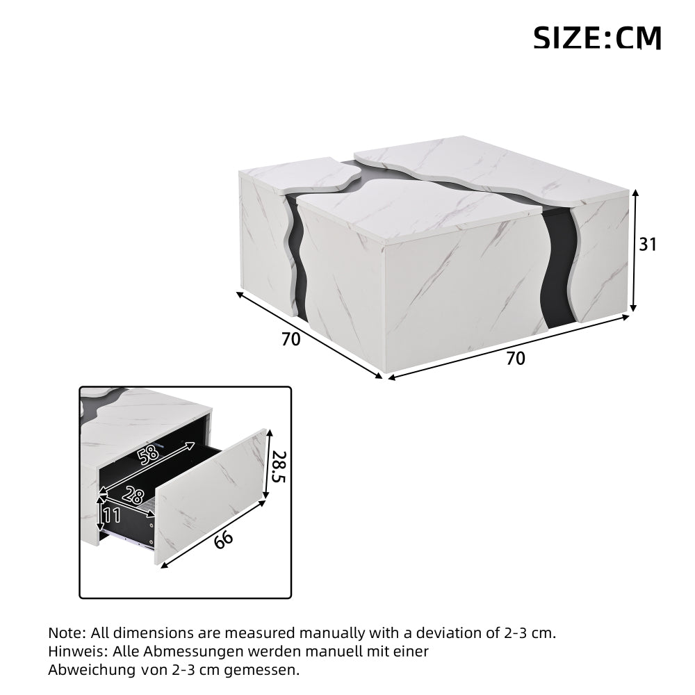 Living Room Coffee Table | 70 x 70 x 31 cm, Cubic Geometric Design, Side Table with Drawer, Uniquely Shaped Marble-Topped Table, Multifunctional Storage and Games Table, Modern Style, Metal Material