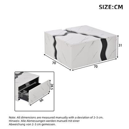 Living Room Coffee Table | 70 x 70 x 31 cm, Cubic Geometric Design, Side Table with Drawer, Uniquely Shaped Marble-Topped Table, Multifunctional Storage and Games Table, Modern Style, Metal Material