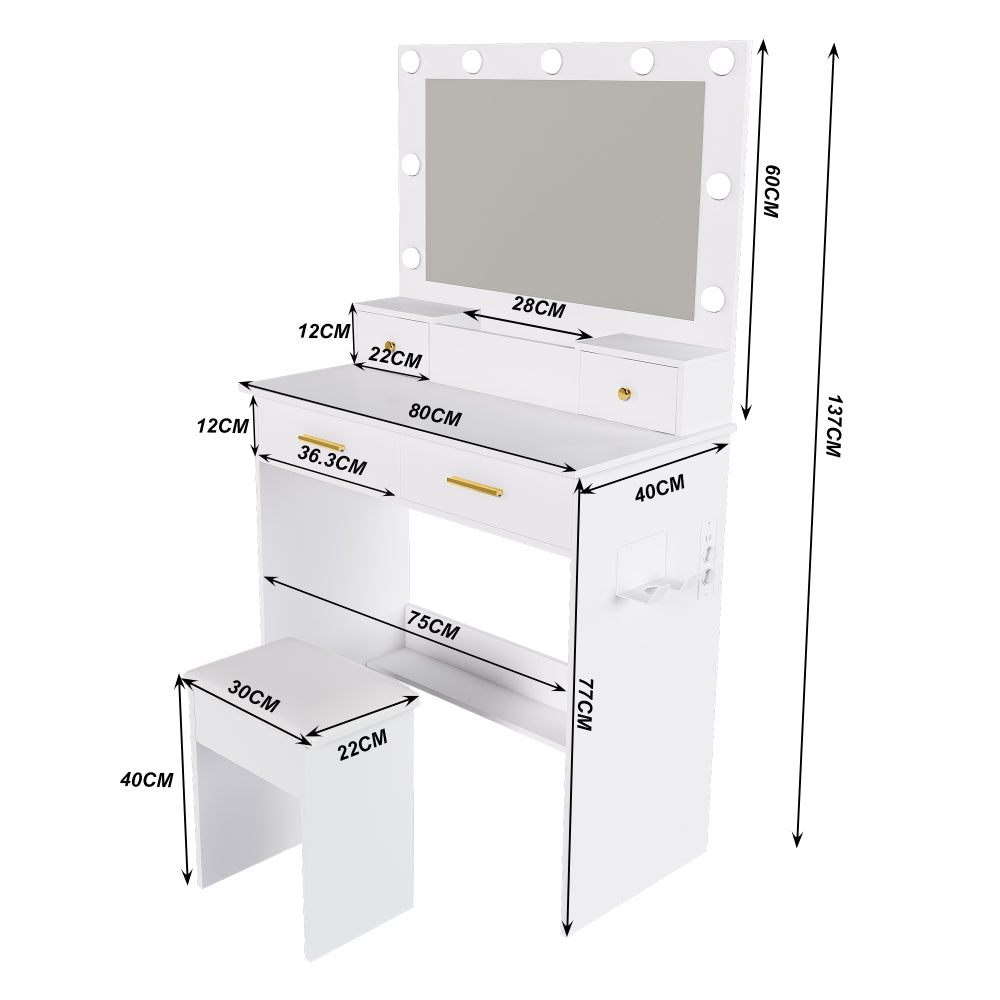 Kaptafel – Make-up Tafel – Toilettafel – Vanity Unit – Dressing Table – Wit – Inclusief Zacht Gevoerde Kruk – 4 Lades Met Opbergbak