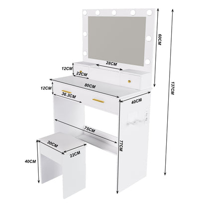 Kaptafel – Make-up Tafel – Toilettafel – Vanity Unit – Dressing Table – Wit – Inclusief Zacht Gevoerde Kruk – 4 Lades Met Opbergbak