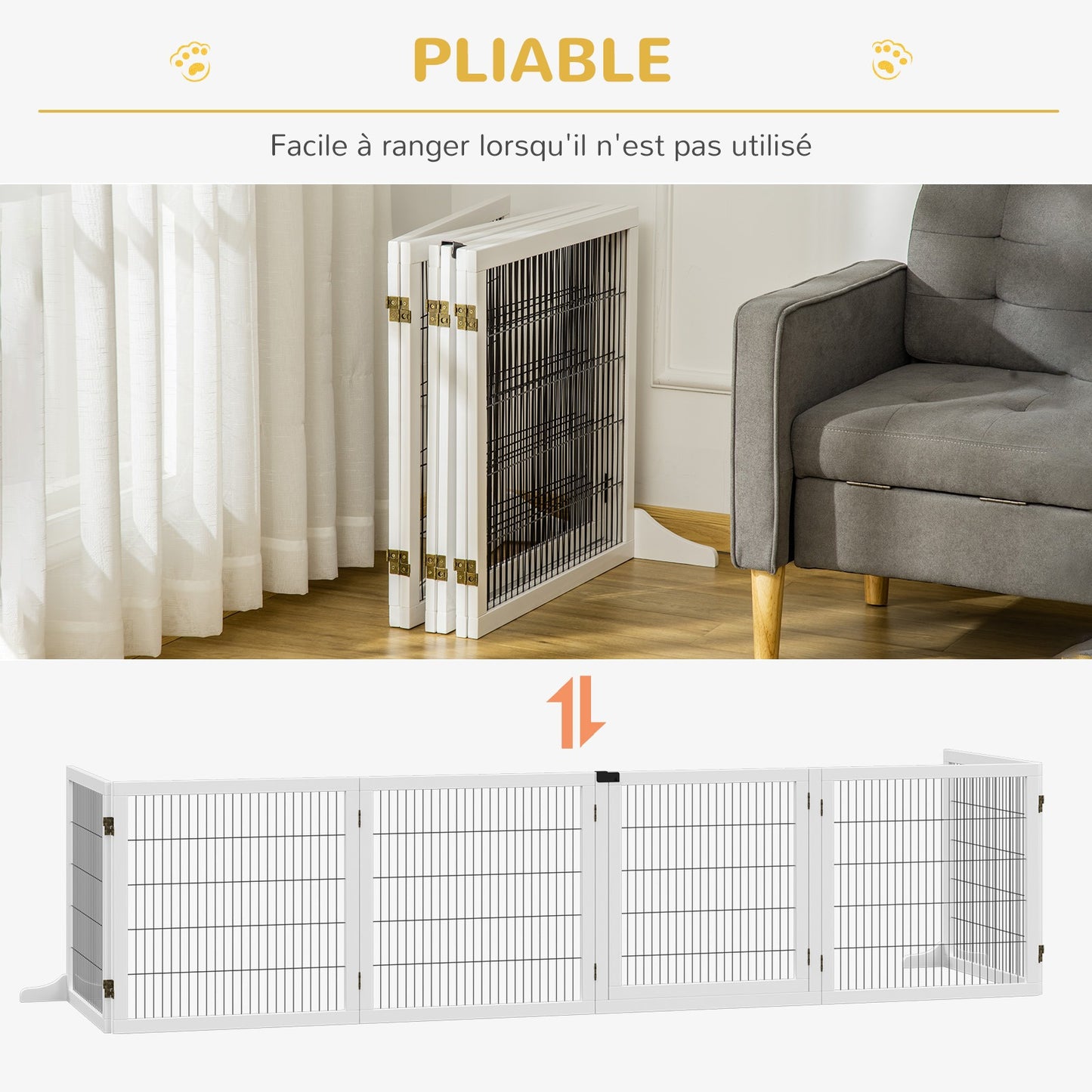 Hondenbarrière – Houten Hondenhek – Huisdier Afzetting – Zelfstaande Hondenscherm – Modulaire Hondenzone – 6 Panelen Inklapbaar – Stevig Massief Hout – 432 cm Breed – Wit