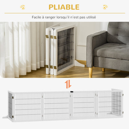 Hondenbarrière – Houten Hondenhek – Huisdier Afzetting – Zelfstaande Hondenscherm – Modulaire Hondenzone – 6 Panelen Inklapbaar – Stevig Massief Hout – 432 cm Breed – Wit
