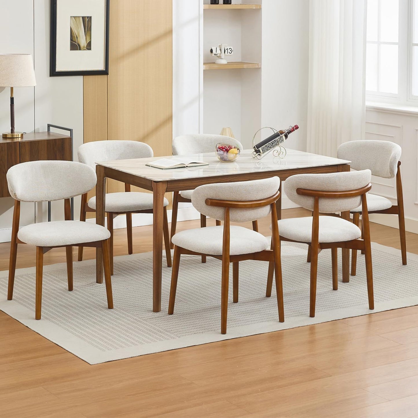 Eetkamerstoelen – Houten Stoelen – Stoelen Set – Linnen Stoel – Keukenstoelen – Beige Linnen Bekleding – Stevige Hardhouten Poten