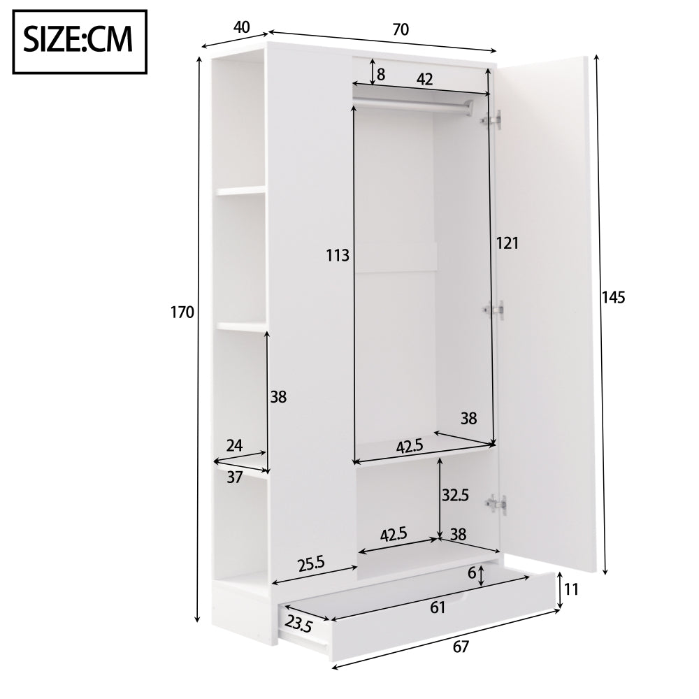Kledingkast – Garderobekast – Opbergkast – Draaideurkast – Slaapkamerkast – 70x40x170 cm – Met Planken en Lades – Stevige Metalen Constructie – Strak Wit Design