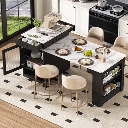 Uitklaptafel – Klaptafel – Uitschuiftafel – Vouwtafel – Eettafel – Ruimtebesparend – Kunstmarmeren Tafelblad – Met Wieltjes – Met Kruidenrek – Geschikt voor 4-6 Personen