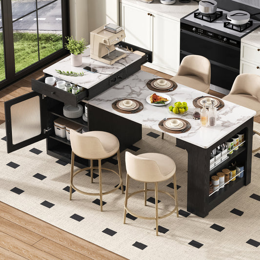 Uitklaptafel – Klaptafel – Uitschuiftafel – Vouwtafel – Eettafel – Ruimtebesparend – Kunstmarmeren Tafelblad – Met Wieltjes – Met Kruidenrek – Geschikt voor 4-6 Personen