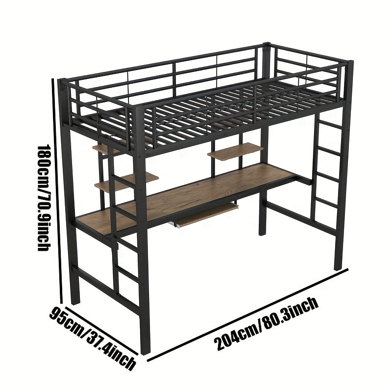 Bedframe – Metalen Bed – IJzeren Bed – Hoogslaper – Eenpersoonsbed – Inclusief Bureau En Boekenplanken – Robuust Stalen Frame – Afmeting 90x200 cm – Zwart