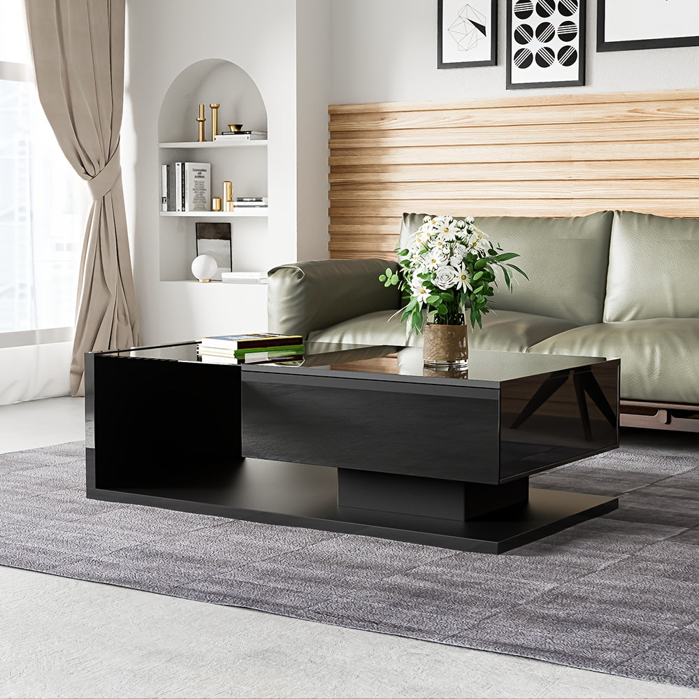 Salontafel – Koffietafel – Bijzettafel – Woonkamertafel – Opbergtafel – Hoogglans Zwart Glas – Gehard Glas Met Lade