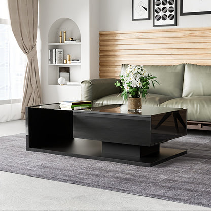 Salontafel – Koffietafel – Bijzettafel – Woonkamertafel – Opbergtafel – Hoogglans Zwart Glas – Gehard Glas Met Lade