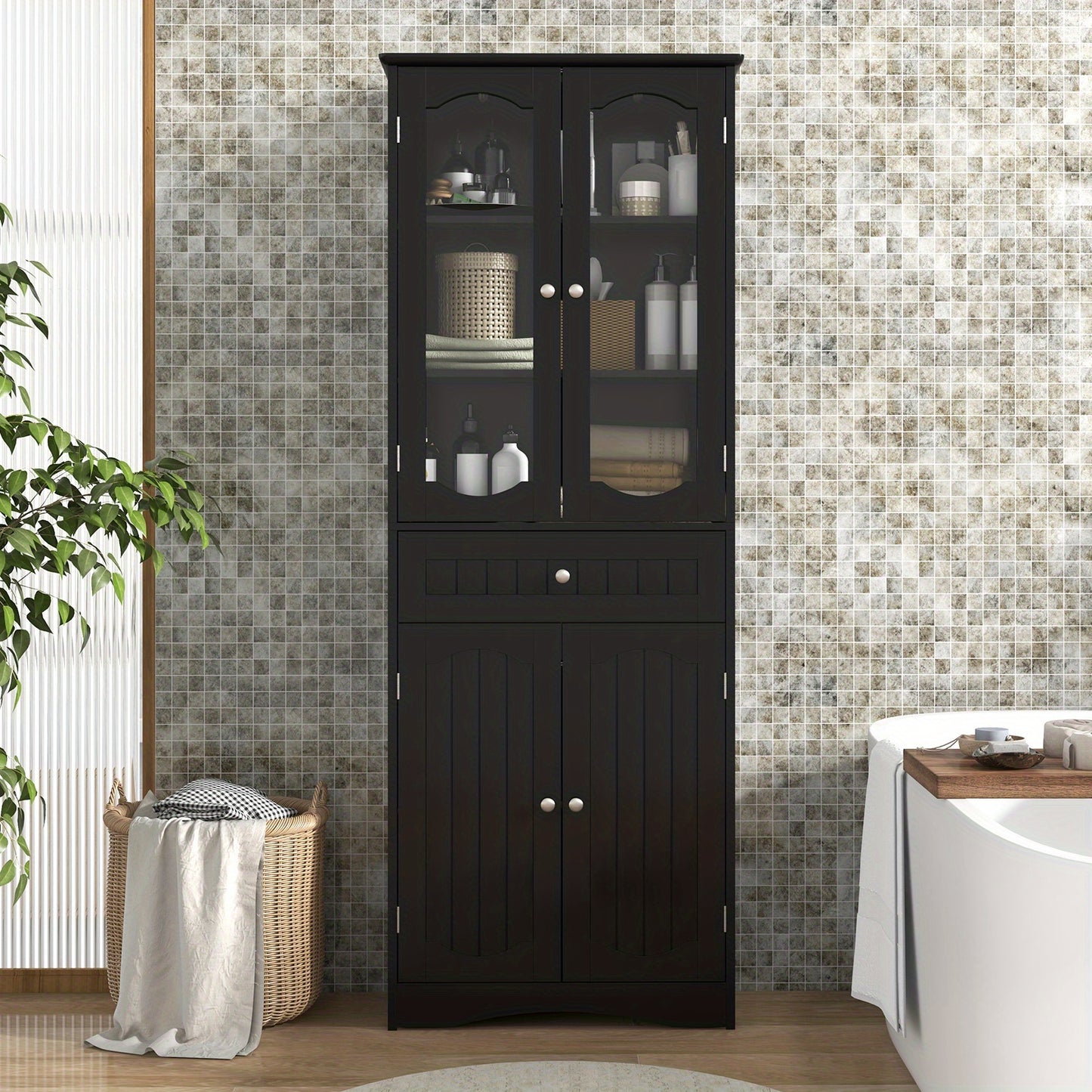 Hoge Opbergkast – Badkamerkast – Linnenkast – Keukenkast – Voorraadkast – Zwart MDF Met Veiligheidsglas – 160 cm Hoog – Anti-Kantelveiligheid