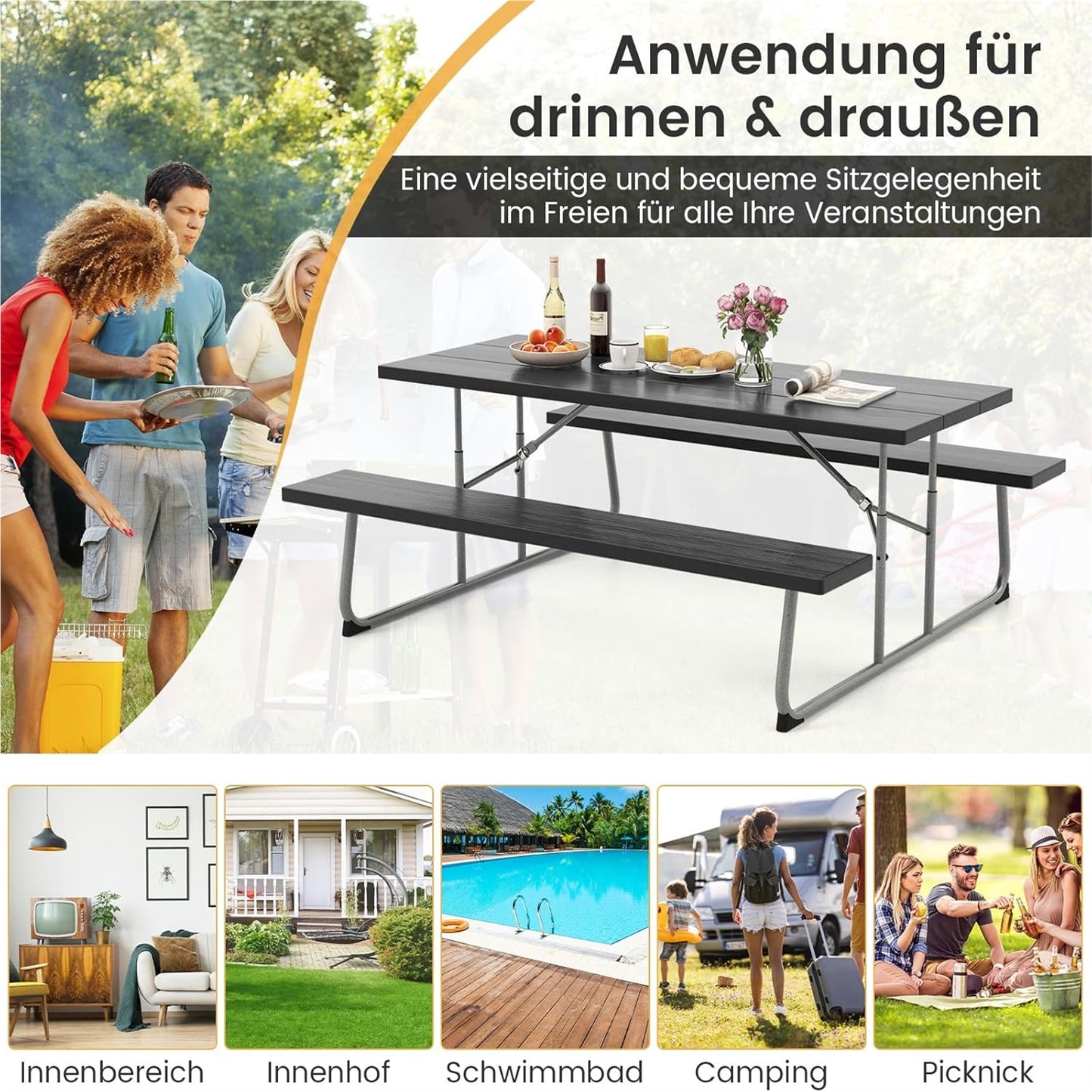 Vouwbare Bierbank – Bier Tent Set – Picknicktafel – Tuinbank – Feesttafel – Zwart – Houtlook HDPE Blad – Inclusief Parasolgat