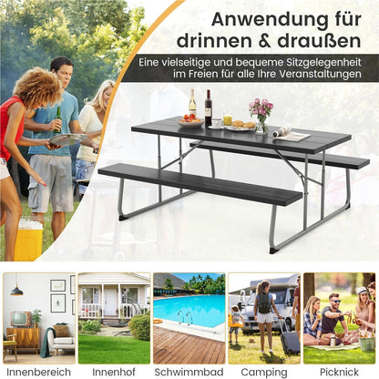 Vouwbare Bierbank – Bier Tent Set – Picknicktafel – Tuinbank – Feesttafel – Zwart – Houtlook HDPE Blad – Inclusief Parasolgat