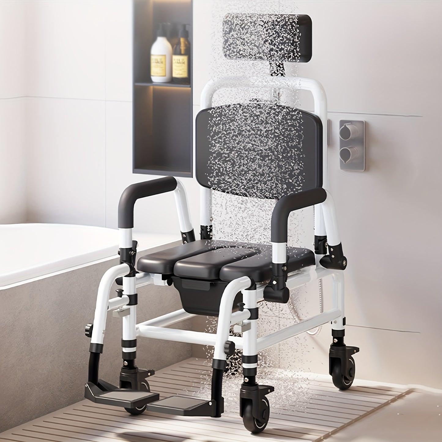 Toiletstoel – Postoel – Commode Stoel – Nachtstoel – WC Stoel – Mobiel Met Wielen – Kantelbare Rugleuning En Afneembare Toiletemmer