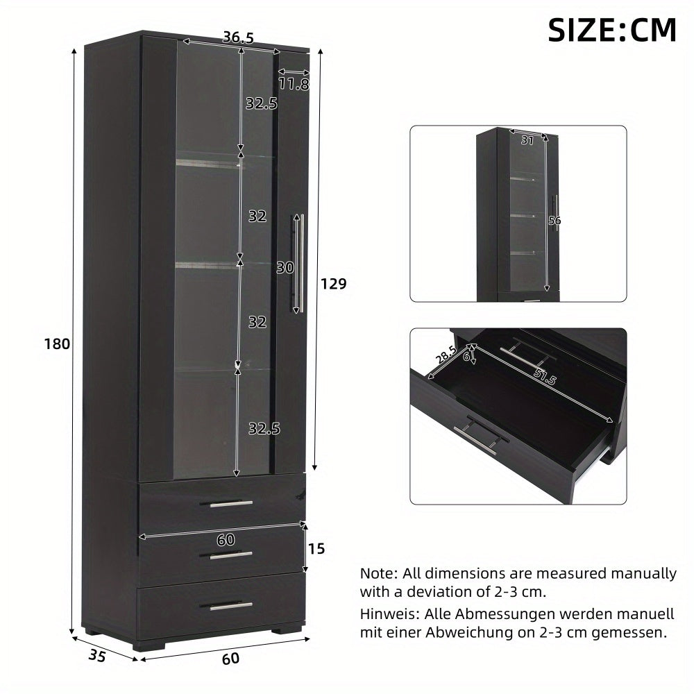 Modern Black Glass Display Case with 3 Drawers - High-Gloss Finish, Freestanding Vertical Storage Organizer for Home Decor, 60x35x180cm, Glass Display Cabinet, Contemporary Furniture, Metallic Frame