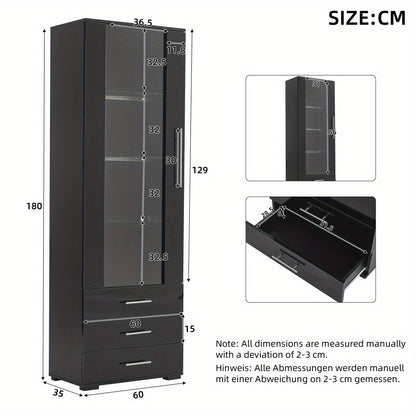 Modern Black Glass Display Case with 3 Drawers - High-Gloss Finish, Freestanding Vertical Storage Organizer for Home Decor, 60x35x180cm, Glass Display Cabinet, Contemporary Furniture, Metallic Frame