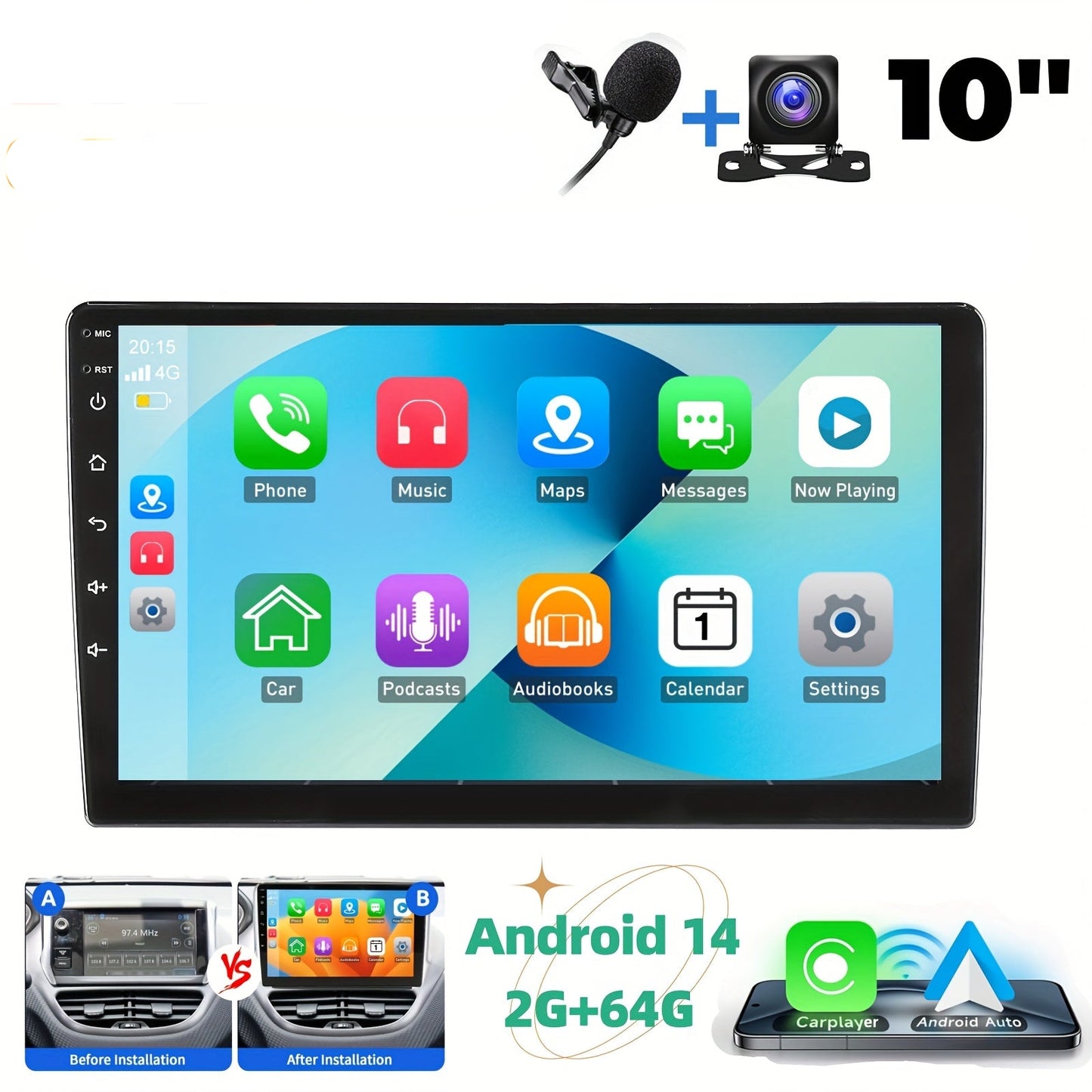 Multimedia Auto Radio – 2 DIN Autoradio – Car Stereo – Touchscreen Radio – Android Car Radio – Met AHD Camera & Microfoon – 10,1 Inch Scherm – Android 14 Systeem