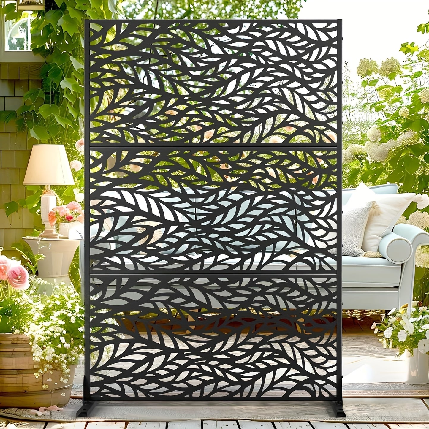 Metalen Tuinscherm – Privacy Scherm – Tuinafscheiding – Balkon Scherm – Terras Scherm – Zwart Bladmotief – 182,88x119,38 cm – Vrijstaand & Weerbestendig