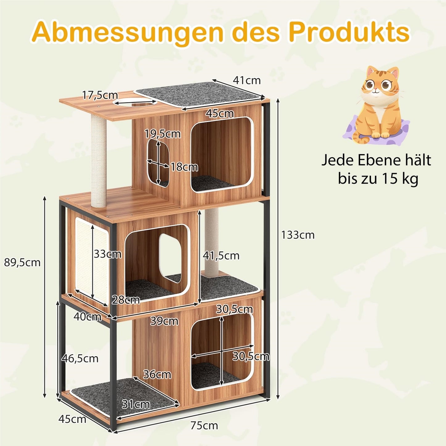 Kattenklimpaal – Krabpaal – Kattenhuis – Kattenmeubel – Klimmeubel – 3 Verdiepingen Met Krabvlak – Verwijderbare Kussens – Metaalframe – Natuurlijk