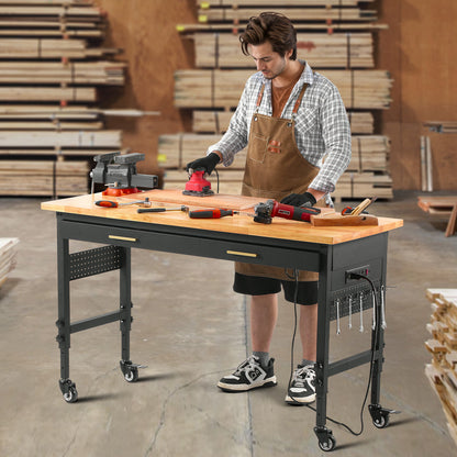 Werkbank – Werktafel – Werkbank Op Wielen – Werkplekken – Klusbank – Verstelbare Hoogte 78-106 cm – Ingebouwd Stopcontact & Lade