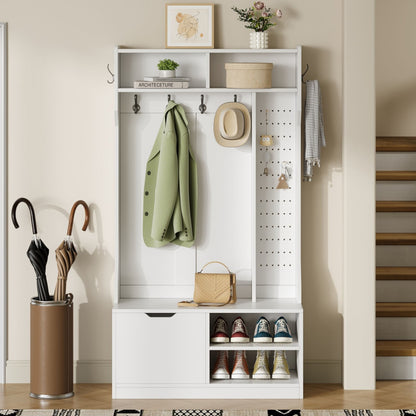 Garderobekast – Kledingkast – Halmeubel – Opbergkast – Kapstok – Wit – Met Bankje – 6 Haken – Ruimtebesparend – Eenvoudige Montage Zonder Gereedschap – 100x186x40 cm