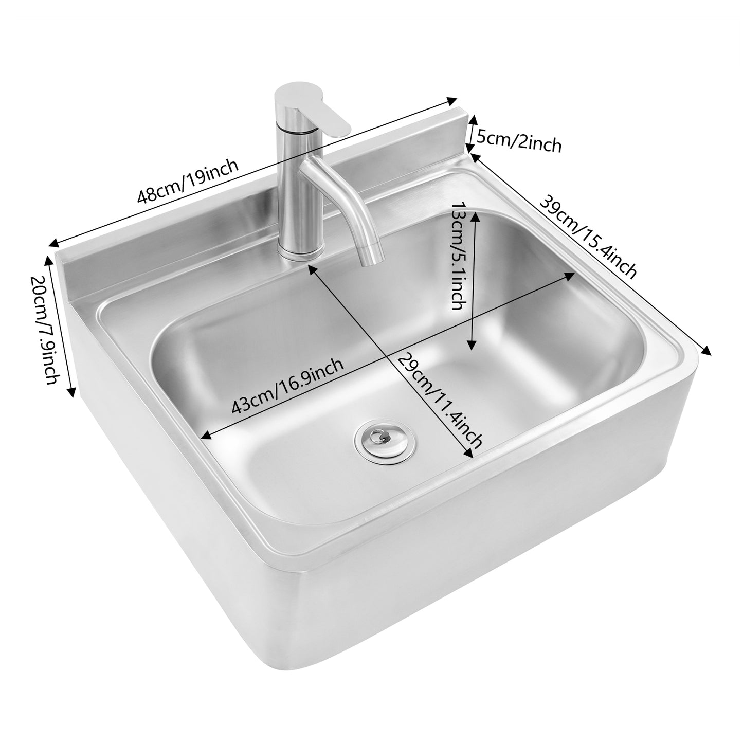 Heavy-Duty 304 Stainless Steel Wall-Mounted Sink with Faucet - Large Capacity Deep Basin (42.93x28.96x12.95cm), 180° Rotatable Hot/Cold Water Tap, Space-Saving Design for RV,, Bar, Boat - Commercial/Residential Use (Drainpip