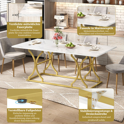 Eettafel – Tafel – Eetkamertafel – Keukentafel – Dinertafel – Extra Lang – Marmerlook – Gouden Metalen Poten – Slijtvast & Waterbestendig – Geschikt voor 8-10 Personen