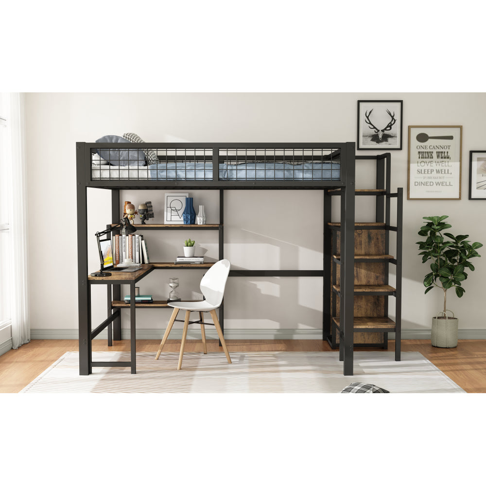 Hoogslaper Bed – Stapelbed – Halfhoogslaper – Bedframe – Bed met Bureau – 140x200 cm – Metaal en MDF – Met Opbergruimte en Kledingkast – Zwart