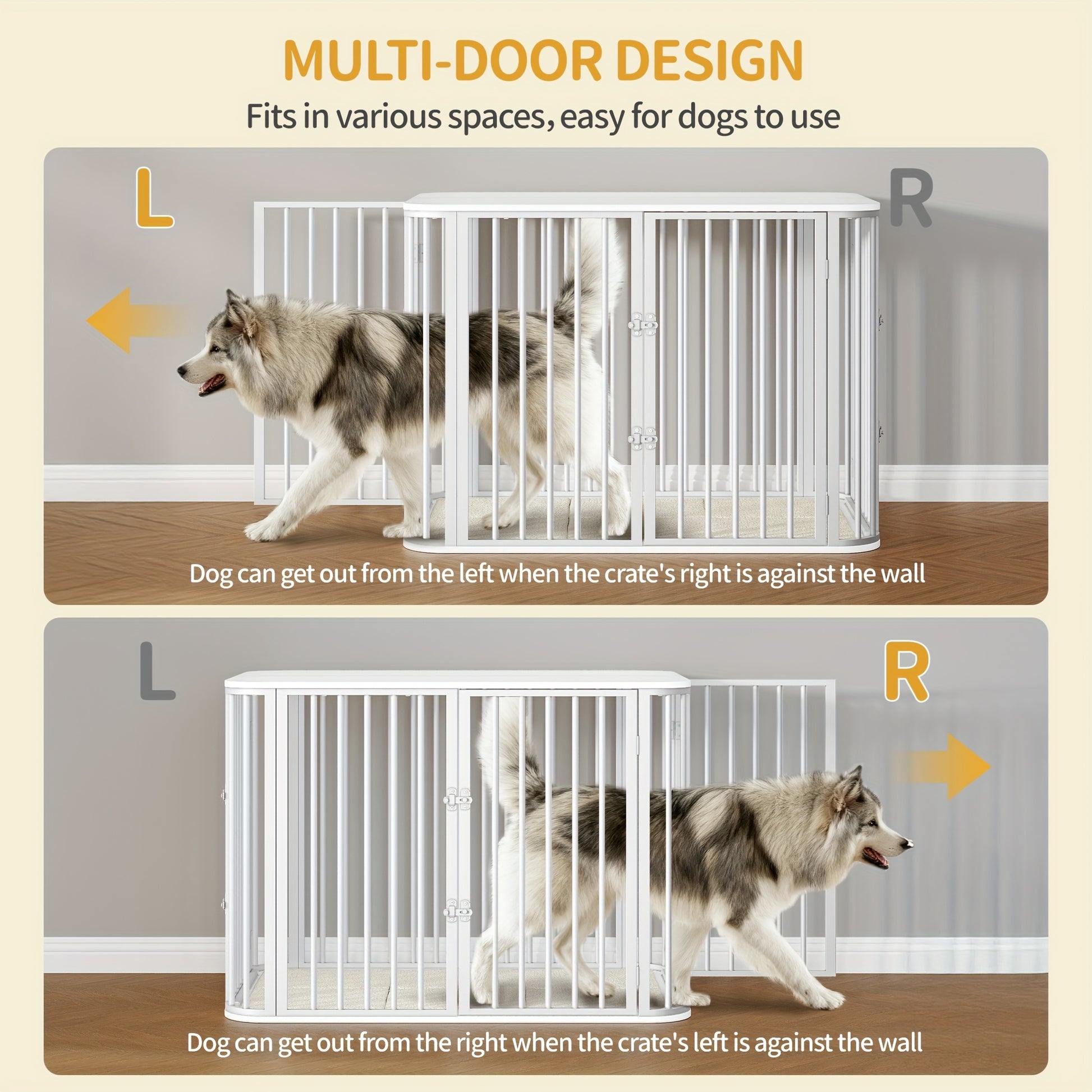 Dog Cage Furniture, Dog Box with Soft Cushion, Modern Multi-Door Design, Side Table for Heavy-Duty Wooden Dog Crates, Suitable for Large Dogs, 108 X 66 X 77.5cm, White, Extra for large Dog Crate Furniture, Dog Crate for Large - QUORE