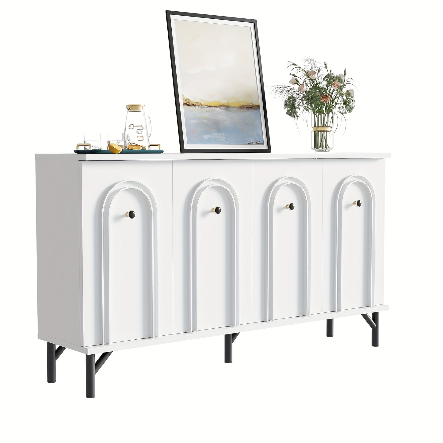 Dressoir – Sideboard – Opbergkast – Kast – Meubel – Wit – 140 cm – Modern Design Met 3D Gebogen Panelen – Verstelbare Planken
