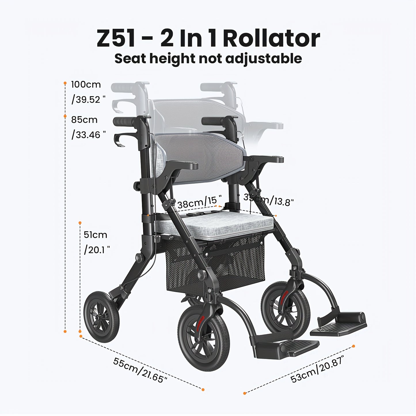 Rollator – Looprek – Rolstoelstoel – Mobiliteitshulpmiddel – Wandelwagen – 2-in-1 Opvouwbaar Lichtgewicht – Verstelbare Handgrepen Met Padded Zitting & Rugleuning, 136 kg Draagvermogen