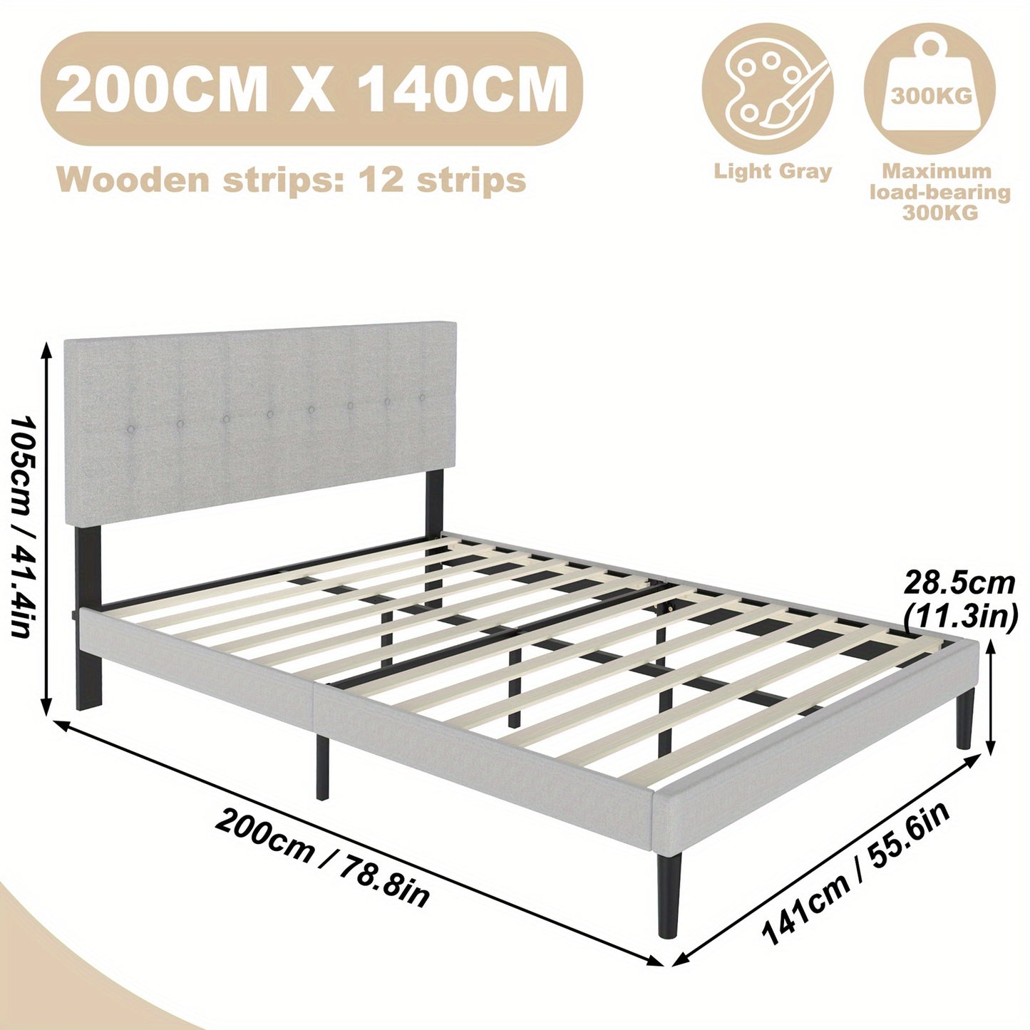 Bed – Bedframe – Slaapbed – Ledikant – Bedombouw – Lichtgrijs – 140x200 cm – Linnen Bekleding – Stevig Metaal – 12 Lattenbodems – Hoogwaardig Comfort