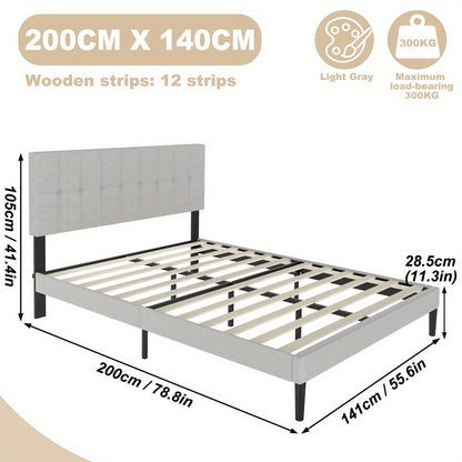 Bed – Bedframe – Slaapbed – Ledikant – Bedombouw – Lichtgrijs – 140x200 cm – Linnen Bekleding – Stevig Metaal – 12 Lattenbodems – Hoogwaardig Comfort