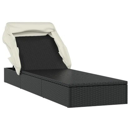 Ligstoel – Ligbed – Zonnebed – Relaxstoel – Ligbank – Zwart – Inklapbaar Zonnescherm – Weerbestendig Poly Rattan – 213x63x97 cm