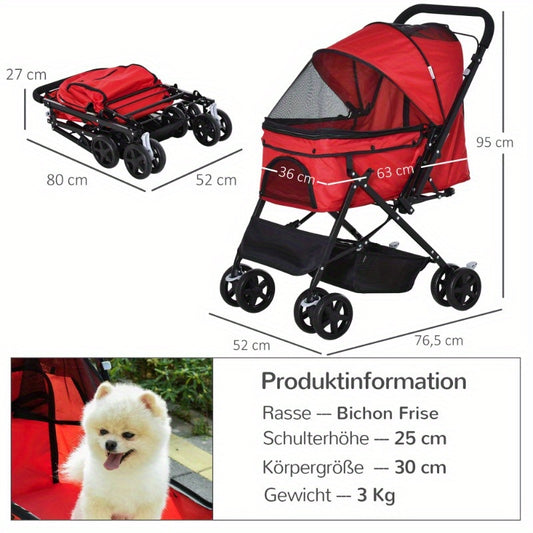 Dierenwagen – Huisdierwagen – Hondenbuggy – Kattenwagen – Dierenbuggy – Stevig IJzeren Frame – All-Terrain Wielen – Lichtgewicht Inklapbaar – Veiligheidsriem – 76x52x95cm