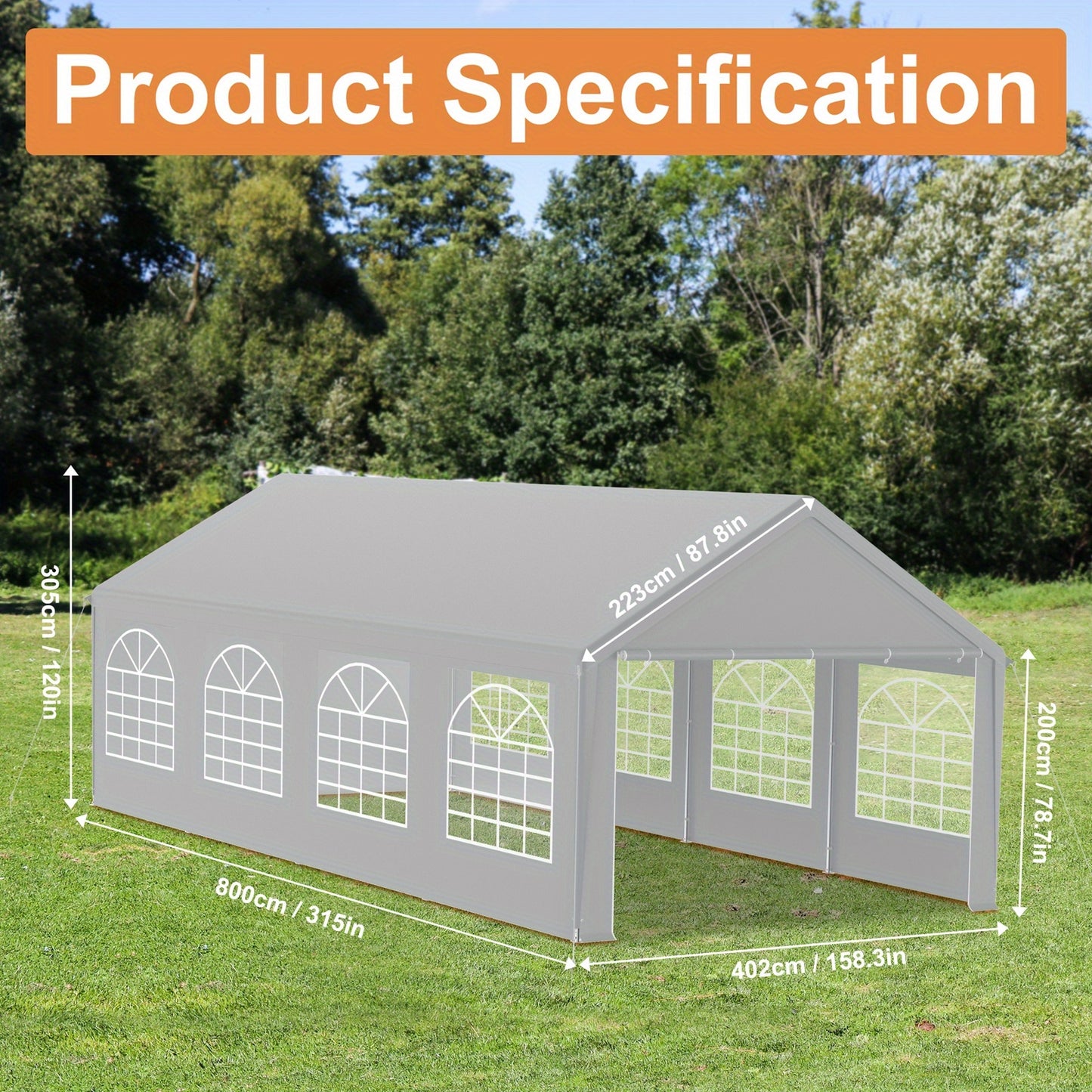 Partytent – Tuinkamer – Feesttent – Evenemententent – Grijze Partytent 4x8 meter – Stevig Gegalvaniseerd Stalen Frame – PE Dak Met Afneembare Zijwanden