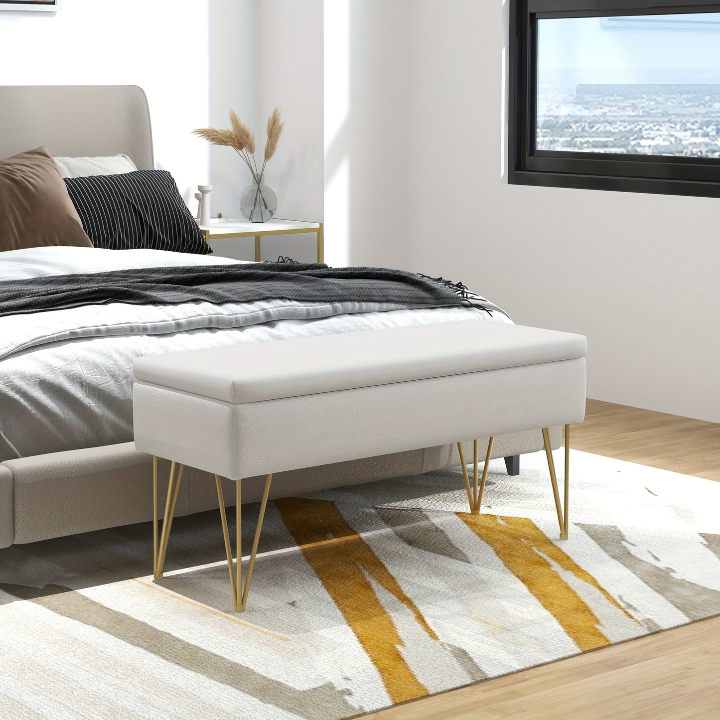 Opbergbank – Opbergbench – Slaapkamerbank – Poef – Zitbank – Linnenlook Bekleding – Stevig Metalen Frame – 100 x 40 x 49 cm – Crèmekleur