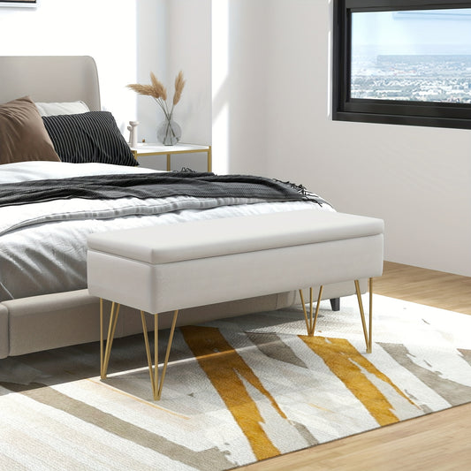 Opbergbank – Opbergbench – Slaapkamerbank – Poef – Zitbank – Linnenlook Bekleding – Stevig Metalen Frame – 100 x 40 x 49 cm – Crèmekleur