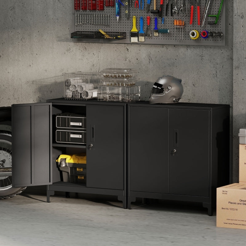 Opbergkast – Metalen Kast – Lockerkast – Archiefkast – Kantoorkast – Zwart Metalen Frame – Houtlook Deuren – 2-Laags – Vergrendelbaar Sleutelslot