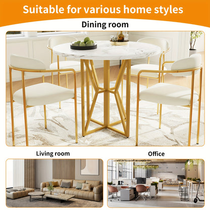 Ronde Eettafel – Ronde Tafel – Eetkamertafel – Keukentafel – Tafel Rond – Marmerlook MDF Blad – Gouden Metalen Poot – 80x80x76 cm – Voor 4-6 Personen