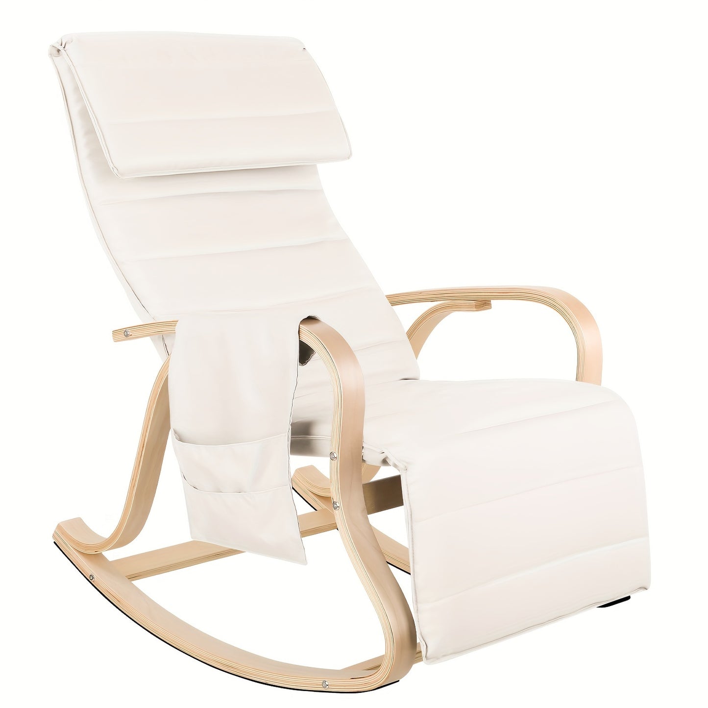 Schommelstoel – Schommelstoel Voor Woonkamer – Relaxstoel – Tuinstoel – Loungestoel – Verstelbare Rugleuning En Voetsteun – Wit Berkenhout Met Comfortabele Schuimvulling – Max 150 kg – 86 x 65 x 100 cm – Met Opbergtas En Vloerbescherming - Crèmewit