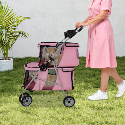 55*69*101cm Double-Tier Pet Stroller - Foldable, Durable Aluminum & Polyester Construction, Spacious Design with 4-Wheel Mobility, Easy to Use for Small & Medium Dogs
