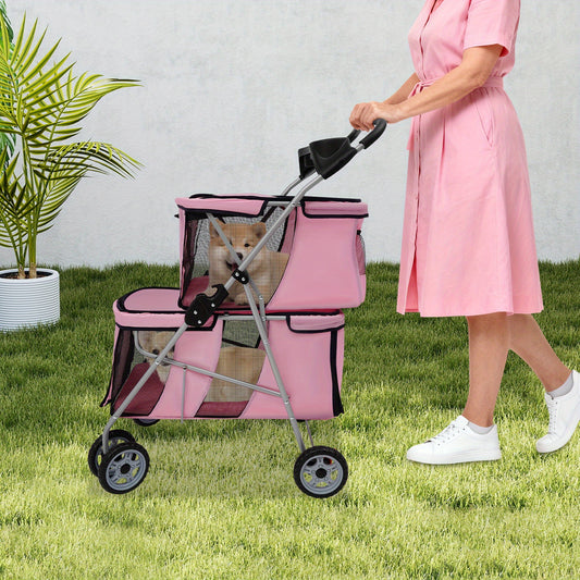 55*69*101cm Double-Tier Pet Stroller - Foldable, Durable Aluminum & Polyester Construction, Spacious Design with 4-Wheel Mobility, Easy to Use for Small & Medium Dogs