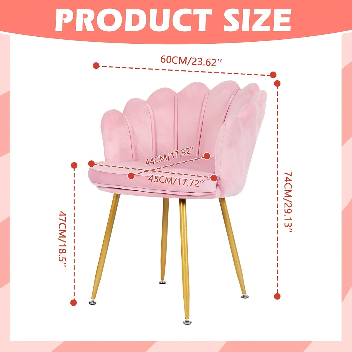 Pink Velvet Dressing and Dining Chair | Petal-shaped Backrest and Armrests with Golden Metal Legs, Suitable for Bedroom, Dining Room, Study - MSFE
