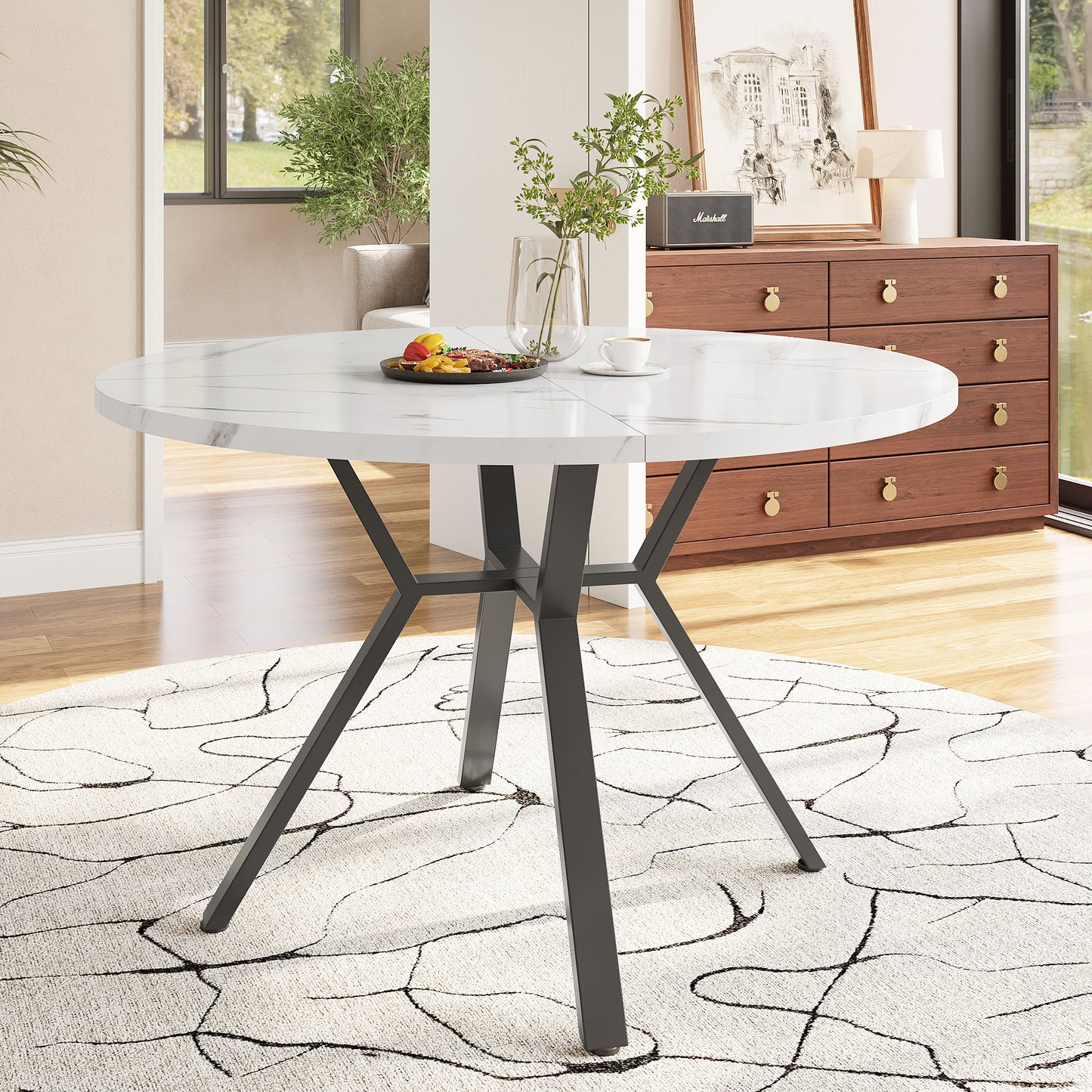 Modern BTM Round Dining Table, Marble Table with Marble Optic Table Top, Stable X-Shaped Metal Frame, Dining Table for 2-4 People, Ø100 Cm, White/Black